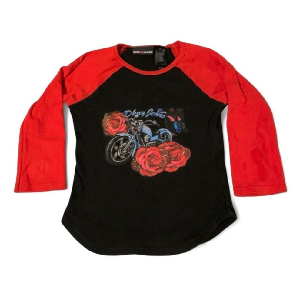 DKNY Jeans Y2K Black Red Biker Grunge Graphic Top – XS